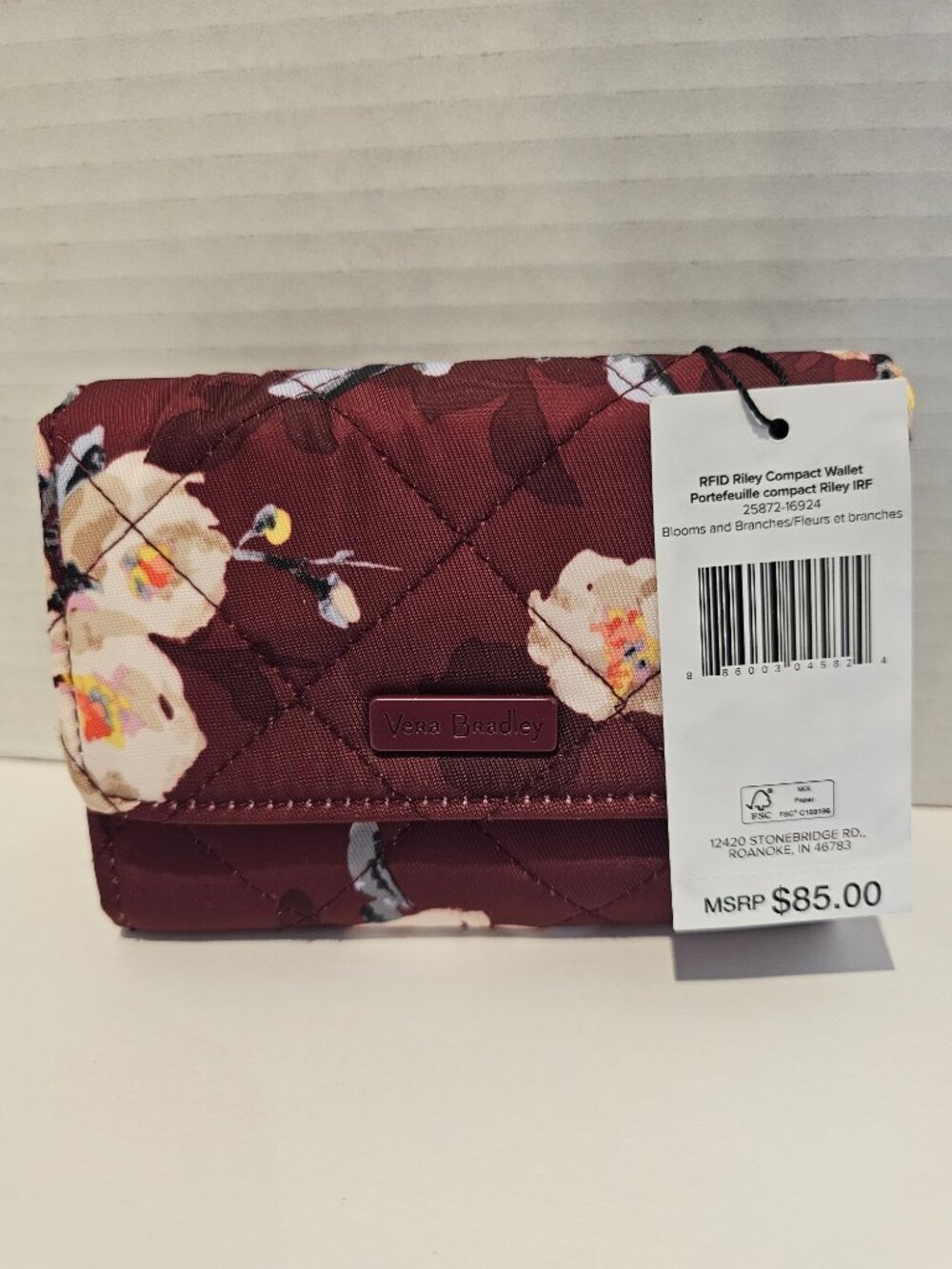 NWT Vera Bradley RFID Riley Compact Wallet Blooms Branches Burgundy Flowers Red - Picture 7 of 13